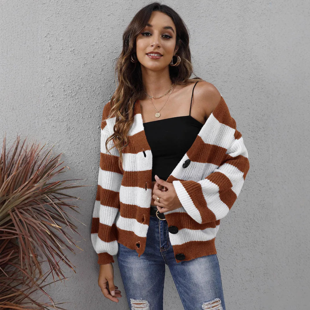 Women's striped deer plush polyester cardigan sweater with button stitching front