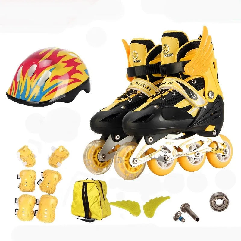 Children's adjustable inline skates with aluminium frame, PU foam wheels, helmet, protective gear, and backpack in multiple colours