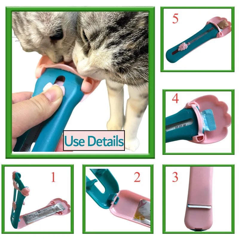 Green and pink plastic pet food squeezer feeder with a spoon-shaped dispensing end.