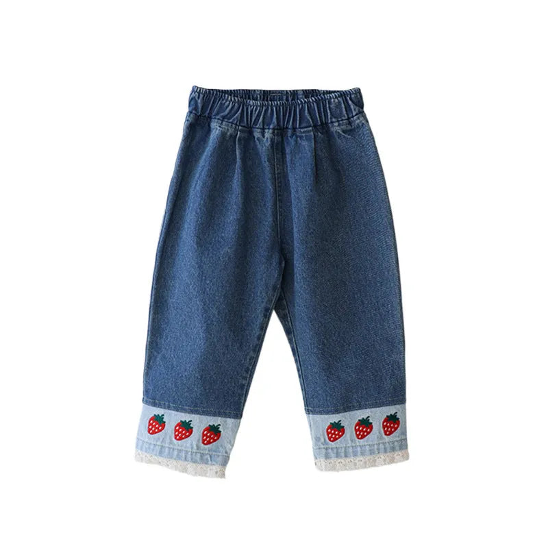 Lace patchwork embroidered strawberry casual toddler jeans, cotton denim, mid waist, hairband belt, suitable for 90-150cm height