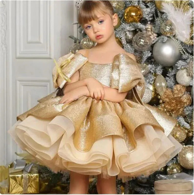 Gold satin one-year-old celebration dress for baby girl in princess style, polyester fabric, available in 80-150cm heights