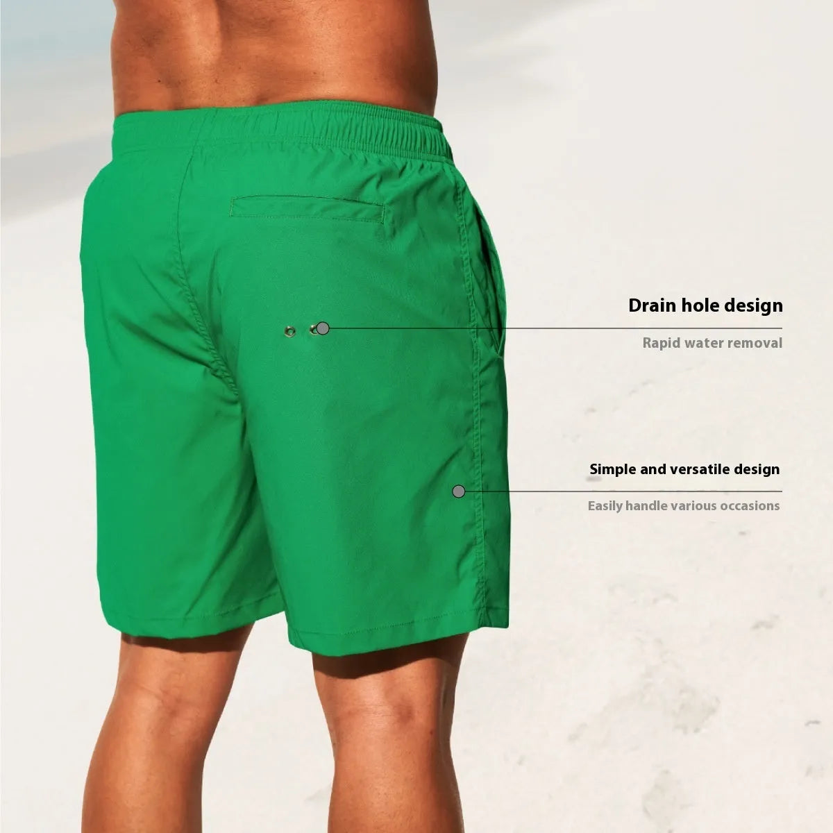 Men's solid colour quick-dry nylon sports shorts with straight leg opening.