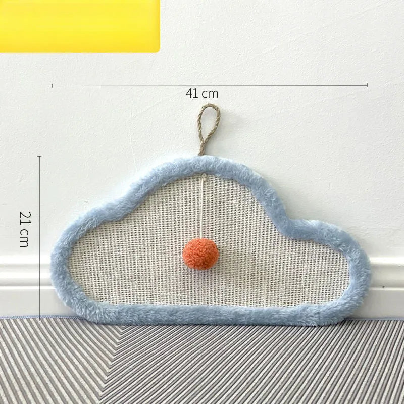 White cat scratching mat with sleeping cat cartoon design, made from natural sisal.