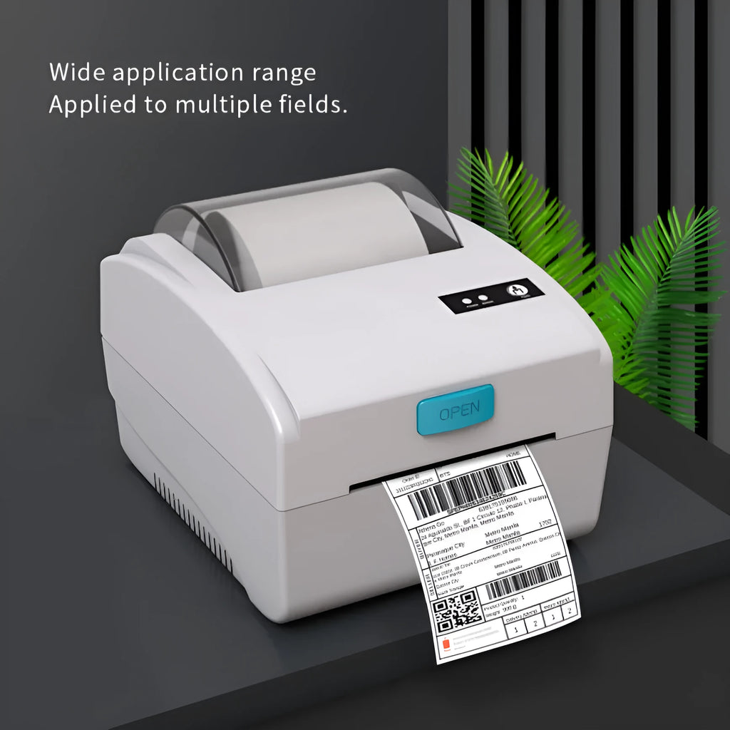 White Bluetooth heat-sensitive label printer with compact 200mm width dimensions