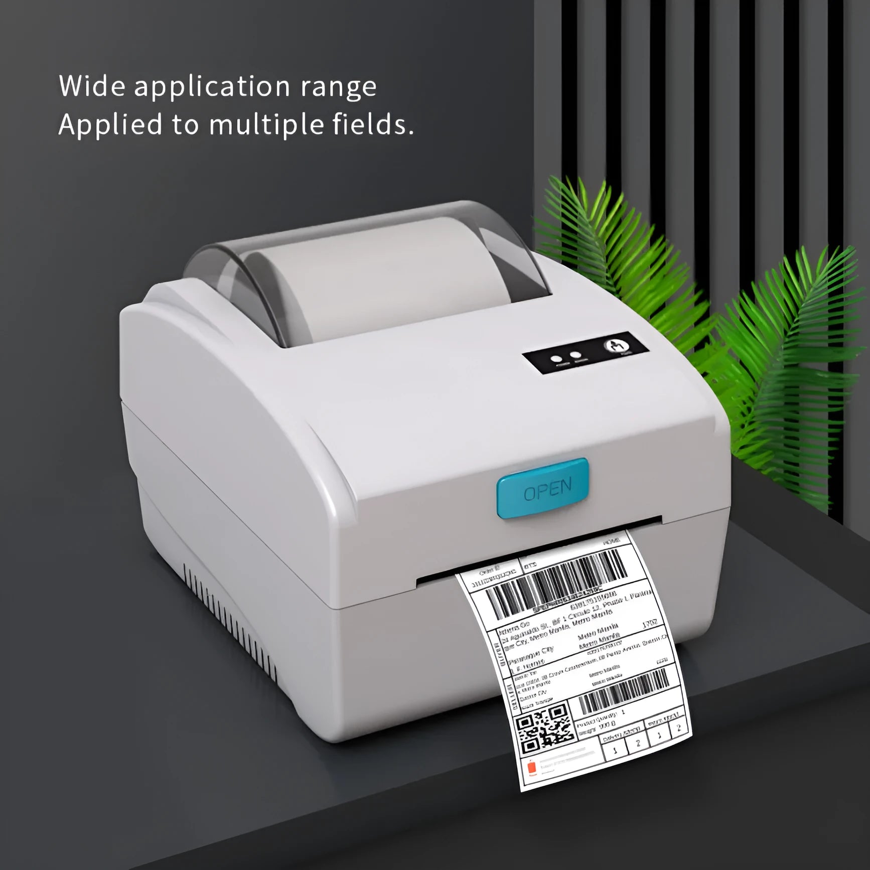 White Bluetooth heat-sensitive label printer with compact 200mm width dimensions