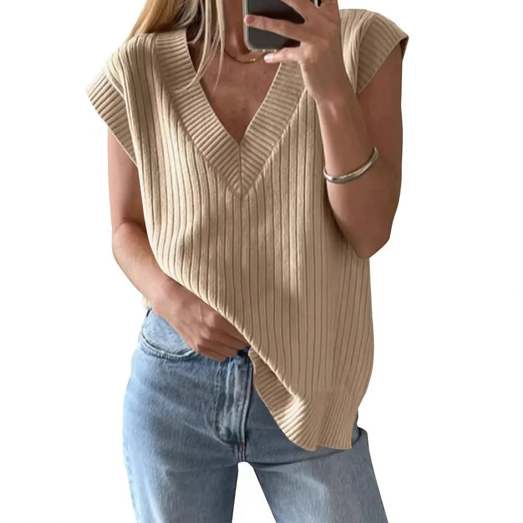 V-neck sleeveless loose pullover vest in camel colour with folding design details