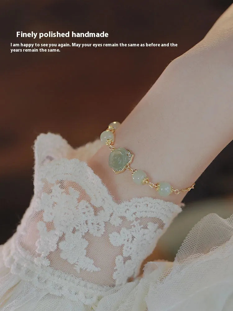 Women's Hetian jade rose bracelet with 14K gold gilded floral design and literature style