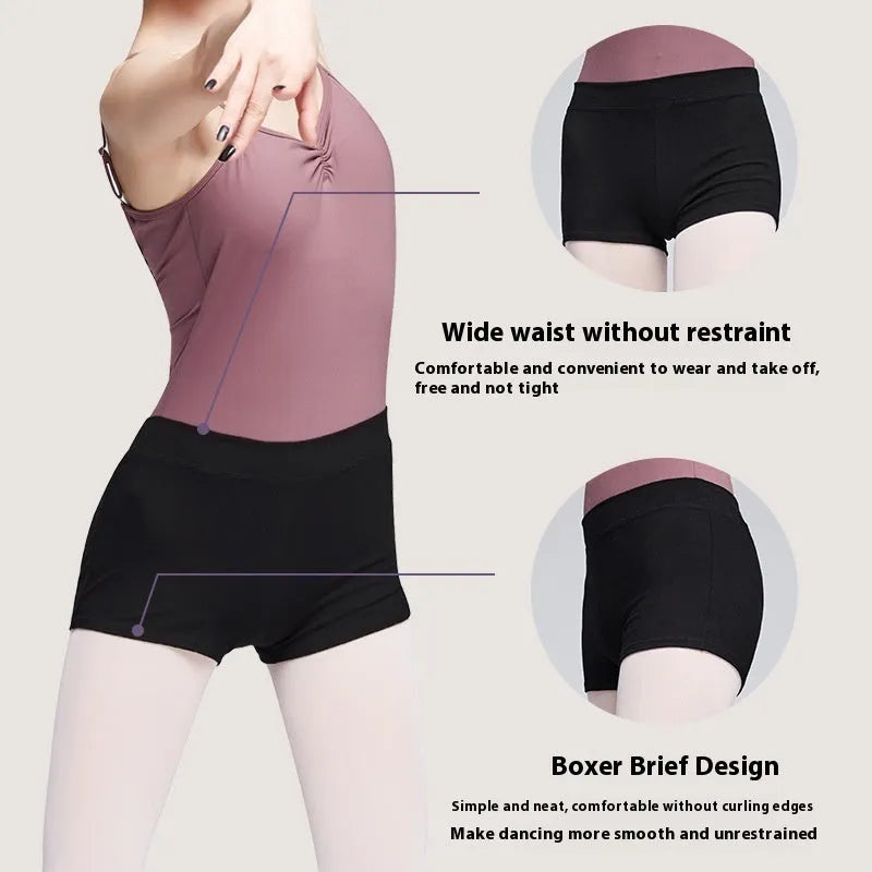 Black cotton ballet practice shorts for women with elastic waistband
