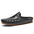 Men's black breathable semi-slippers with an artificial PU upper and rubber sole on a white background.
