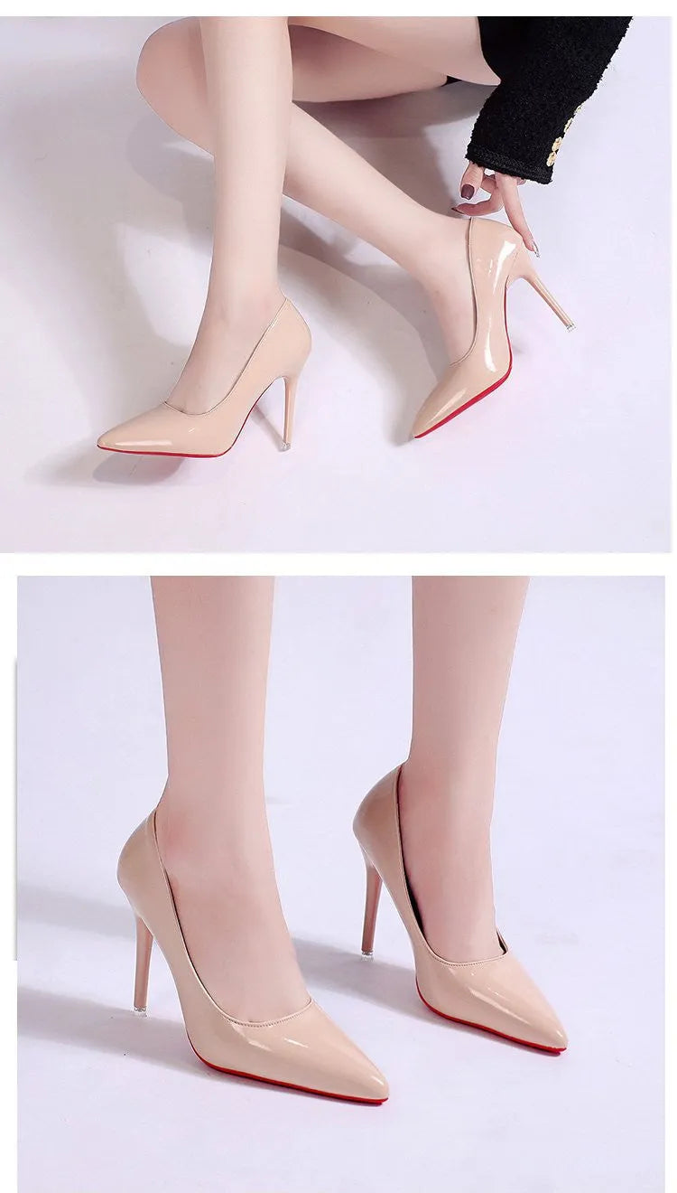 Women's pointed toe stiletto heel pumps in black with shallow mouth opening