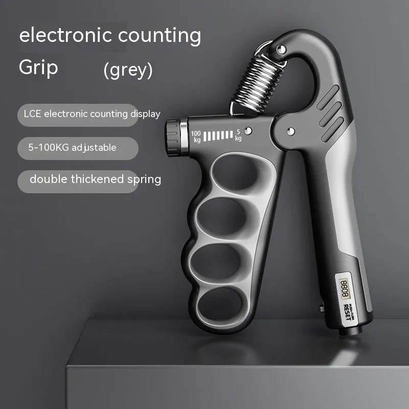 Electronic counter spring grip in orange, red, and grey colour options with digital display