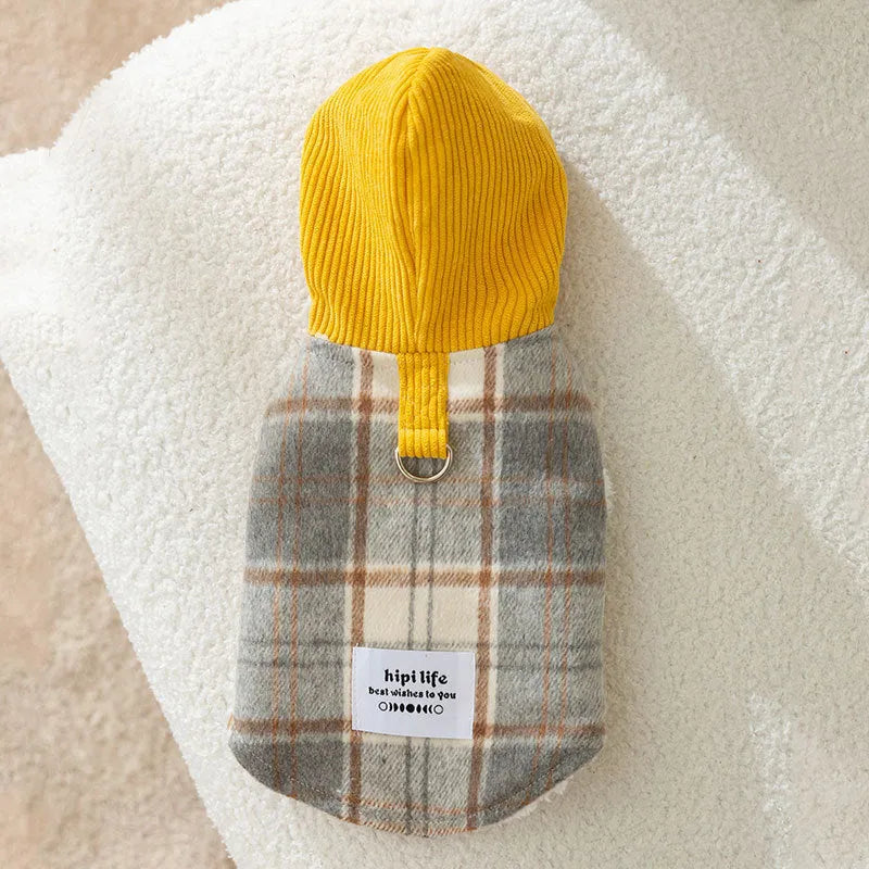 Blue chessboard grid corduroy hooded traction vest for small dogs with sizing guide