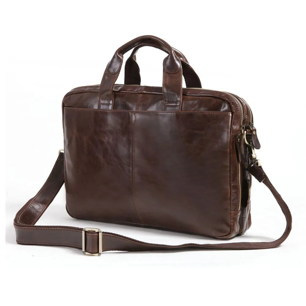 Brown 18-inch men's business briefcase in first-layer cowhide leather with visible patterning