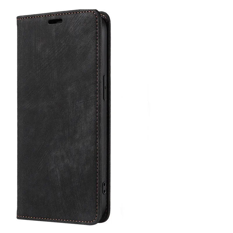 Genuine leather magnetic flip phone case for iPhone showing closed position with magnetic closure