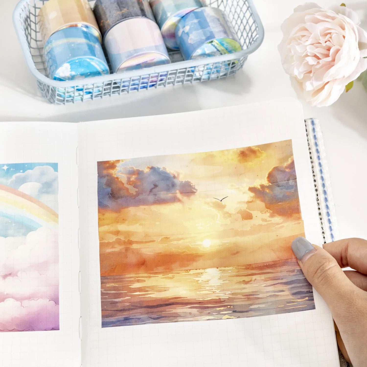 Japanese paper washi tape roll with cloud and sky theme designs including twilight and purple nebula patterns