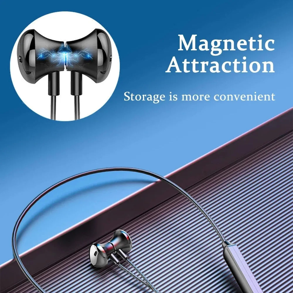 Black neck-mounted wireless sports earphones with custom logo printing support