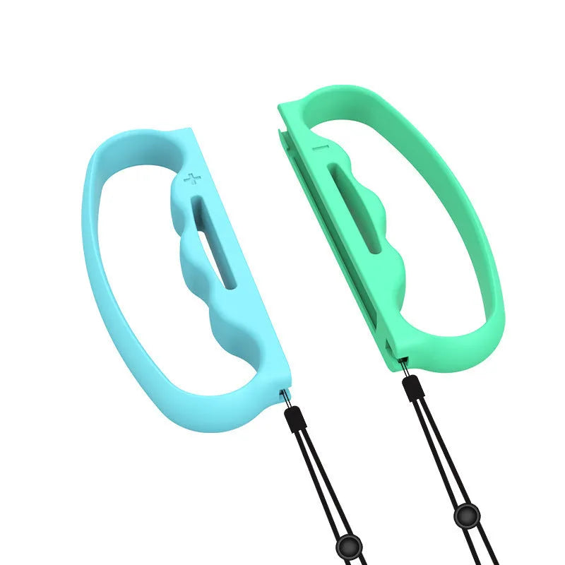 Joy-Con game controller grips with hand ropes in black, blue green, and blue red colours