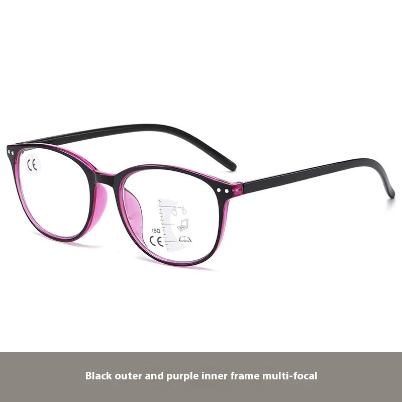 Women's ultra-light multi-focus presbyopic glasses in black and blue focus frame colour on a table.