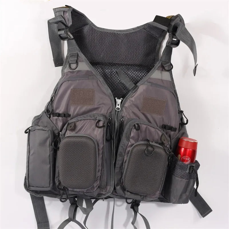 Grey fishing life jacket with multiple pockets, reflective strips, and adjustable straps laid flat.