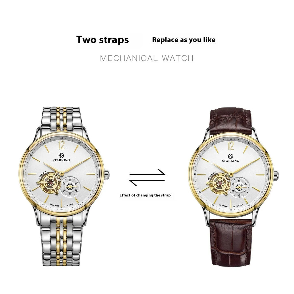 Men's stainless steel automatic business watch with sapphire crystal and brown leather strap