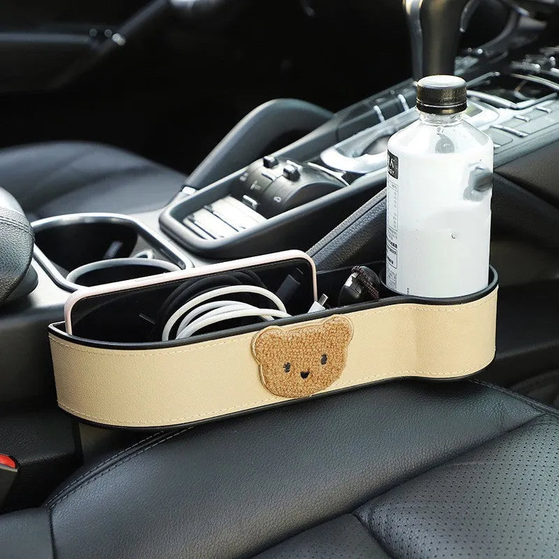 Leather car seat gap storage box with cartoon bear design for organising vehicle interior accessories