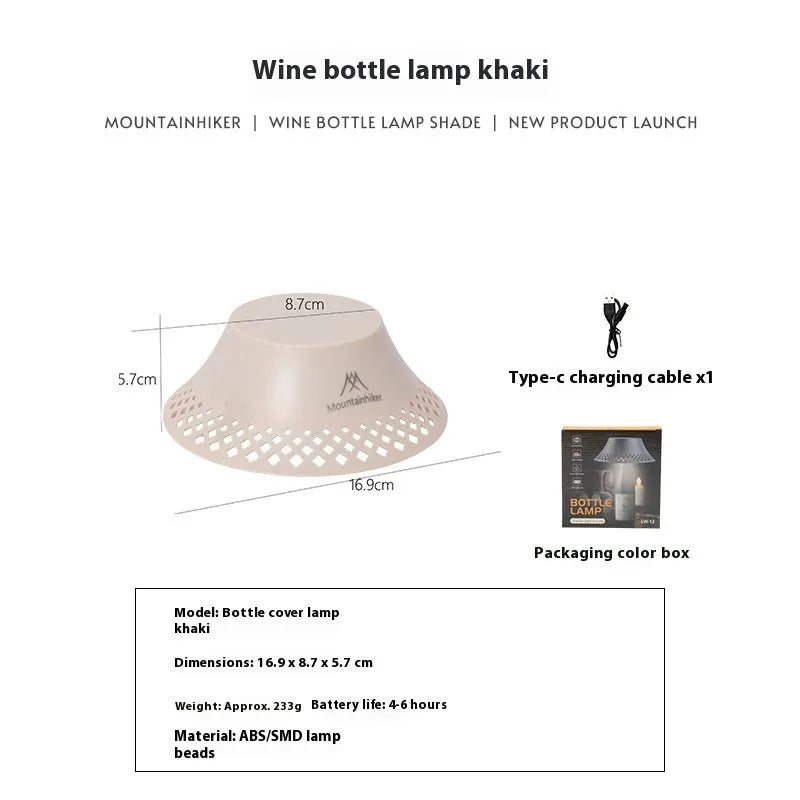 Wine bottle shaped camping lantern in beige colour with USB-C charging port