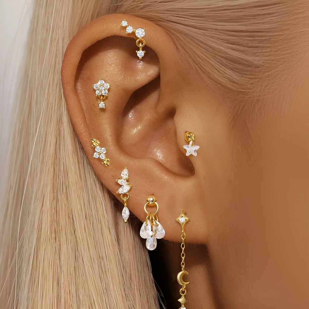 S925 sterling silver geometric earrings with moon and star design in gold tone