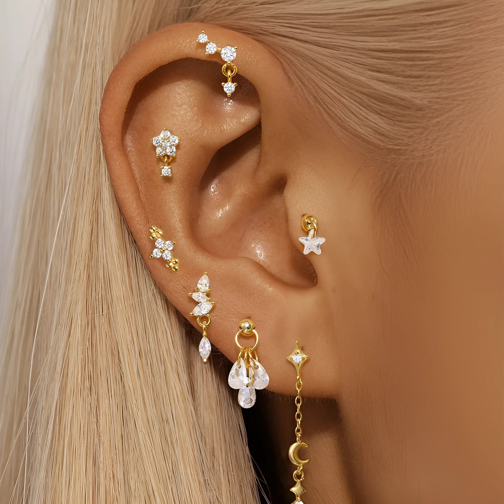 S925 sterling silver geometric earrings with moon and star design in gold tone
