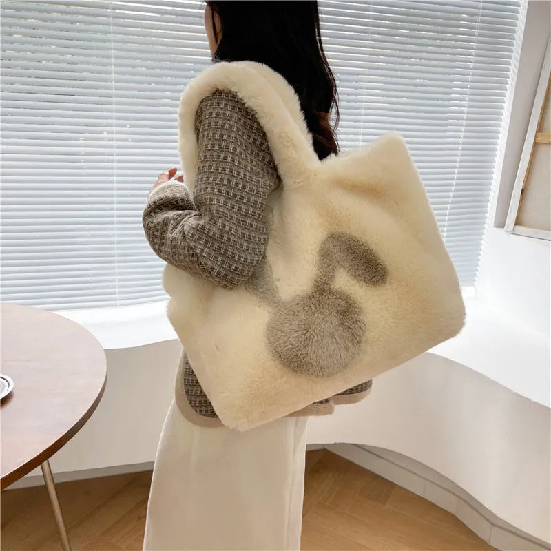 Plush cartoon rabbit ears tote bag in solid colour with shoulder strap