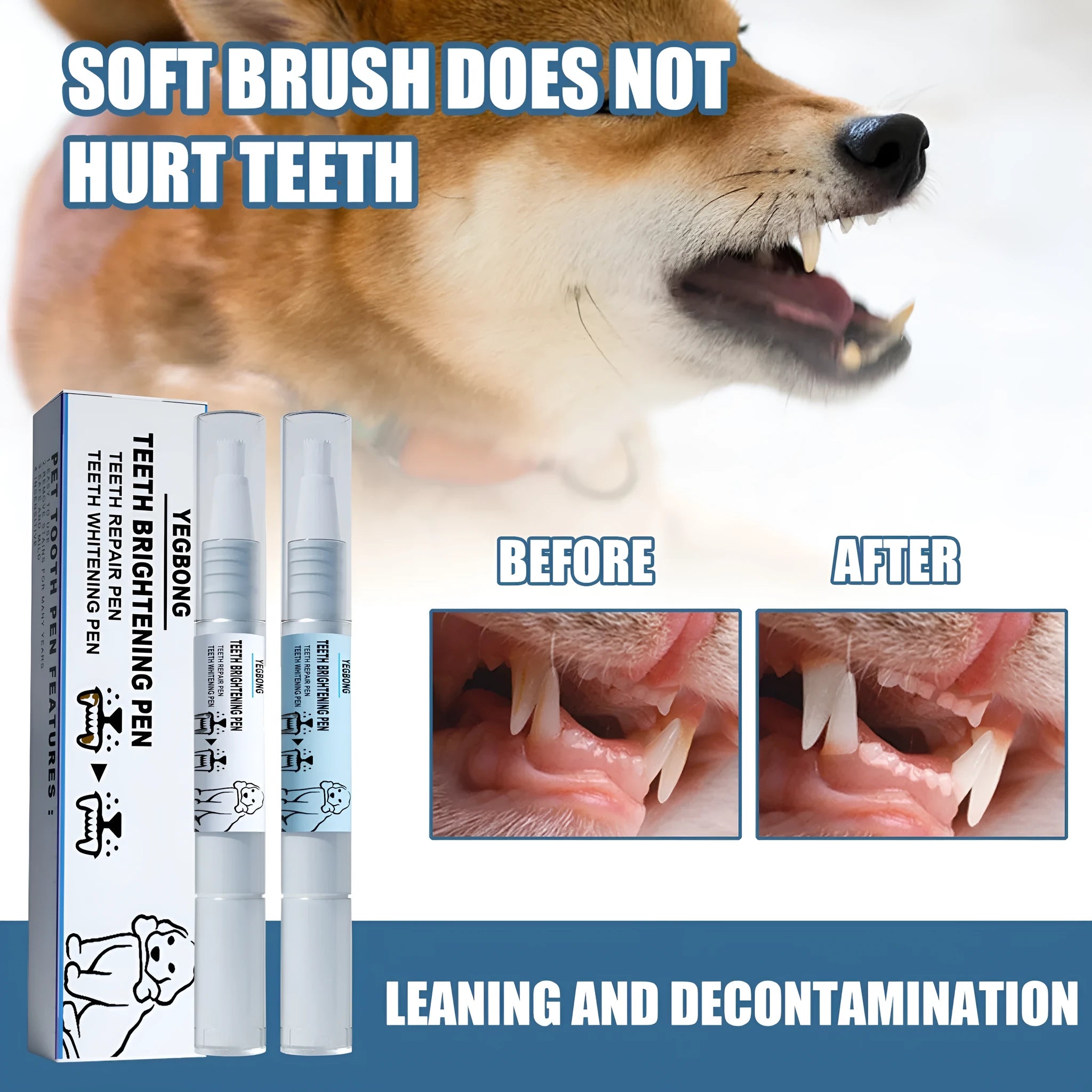 Yegbong pet teeth whitening pen twin pack with dental brushes for dog and cat dental care