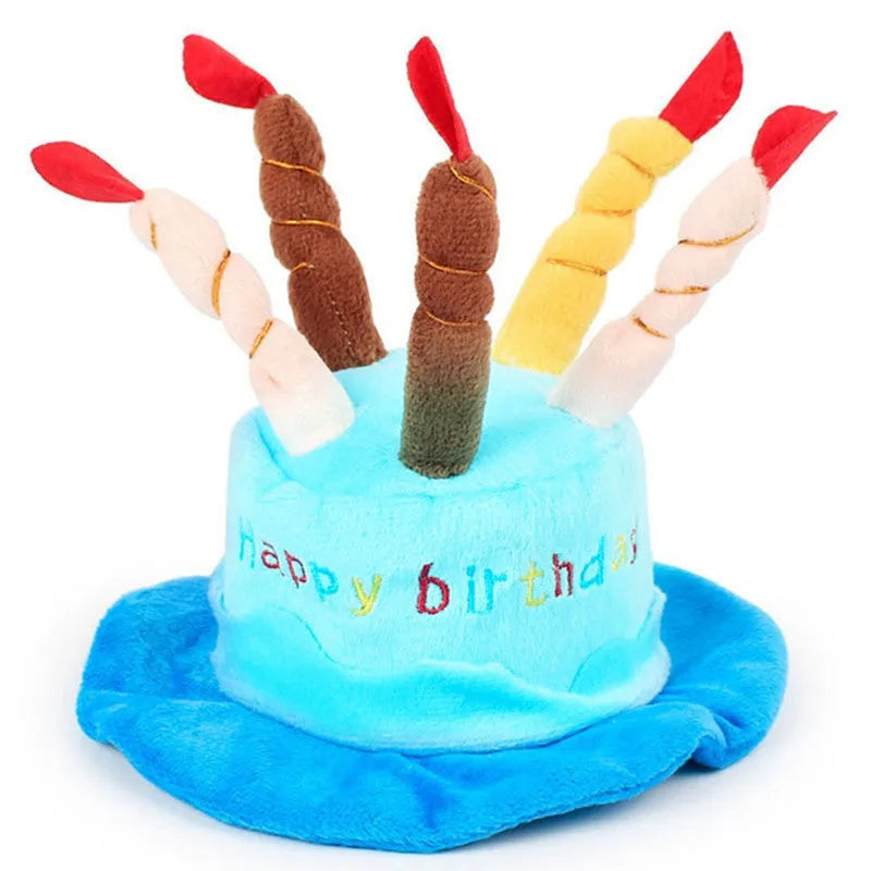 Blue dog birthday hat with party balloons and candles for small to medium dogs