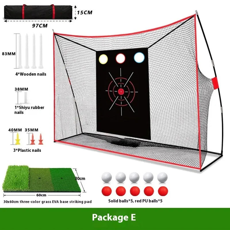 Golf swing wedge training net with 3-hole cross target and straw practice mat