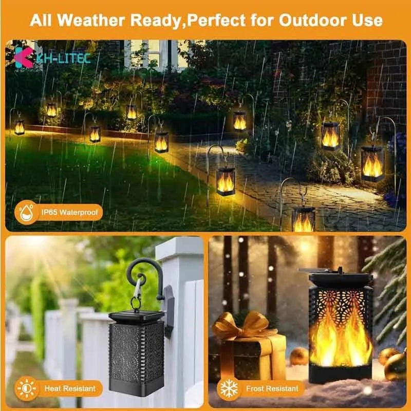 Set of four black solar-powered hanging garden lights with a flickering flame LED effect.
