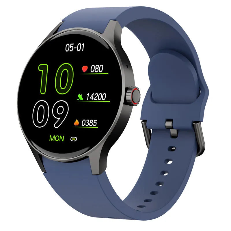 Black smart sport watch with a round touchscreen on a wrist, showing a fitness tracking interface.