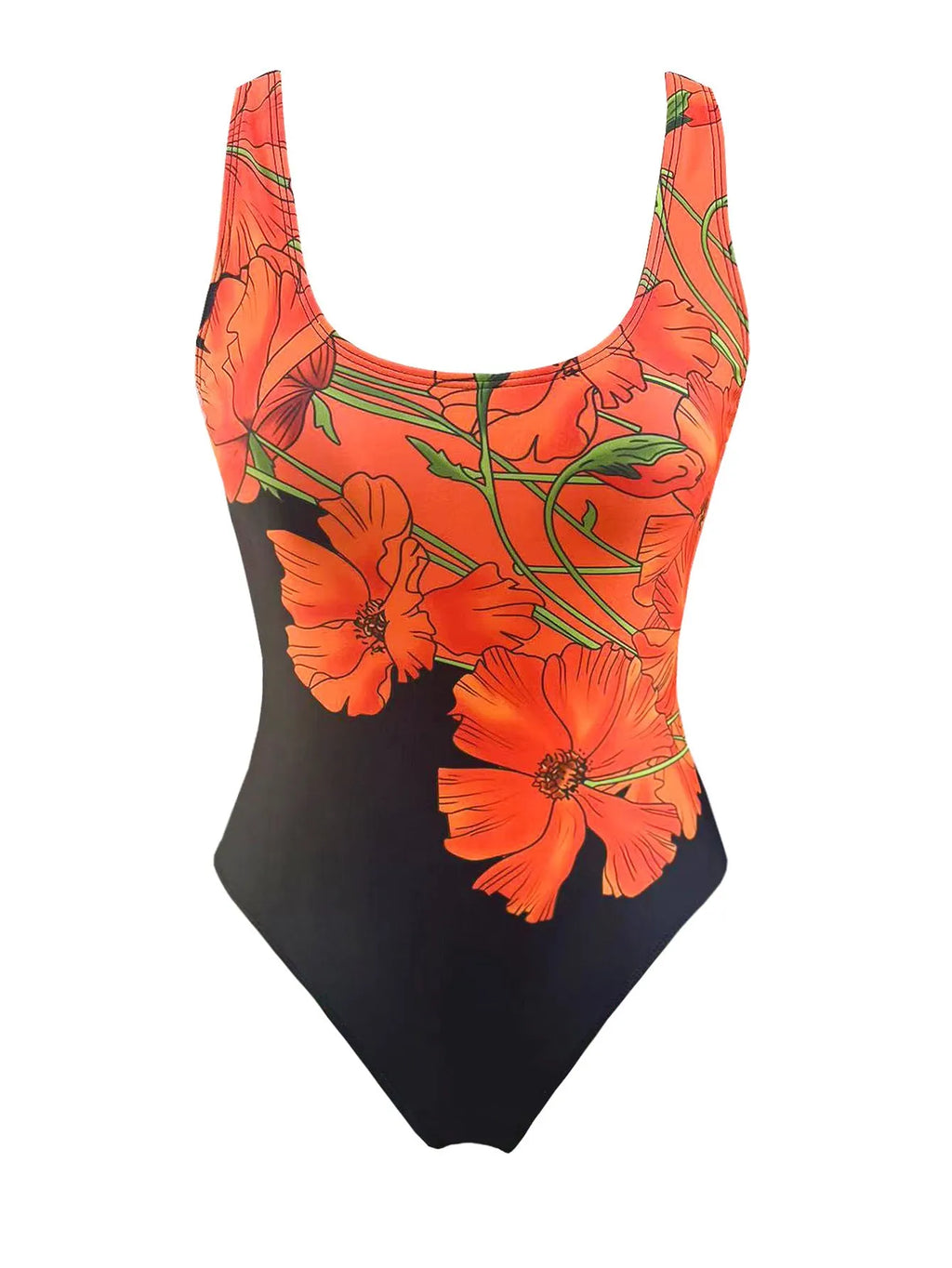 Orange flowers printed one-piece swimsuit with a backless design and slim fit.