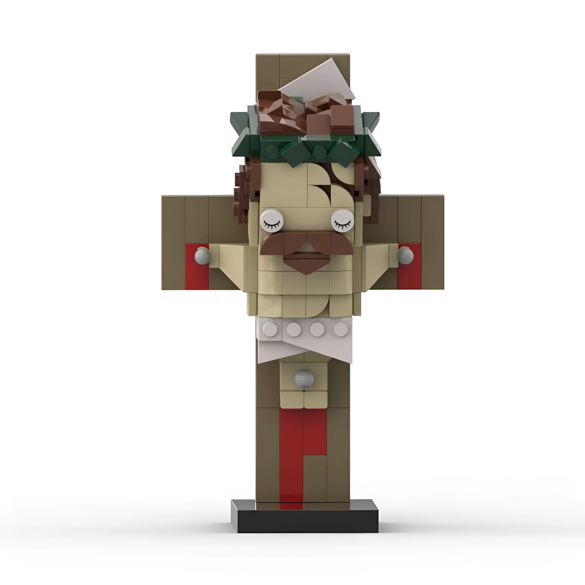 Jesus cross building block toy made from interlocking plastic pieces in a net pocket