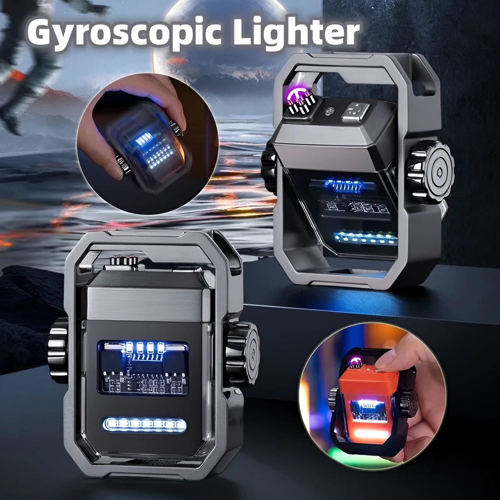 Blue arc lighter with dual plasma flame and mechanical gyroscope, showing folded and extended positions