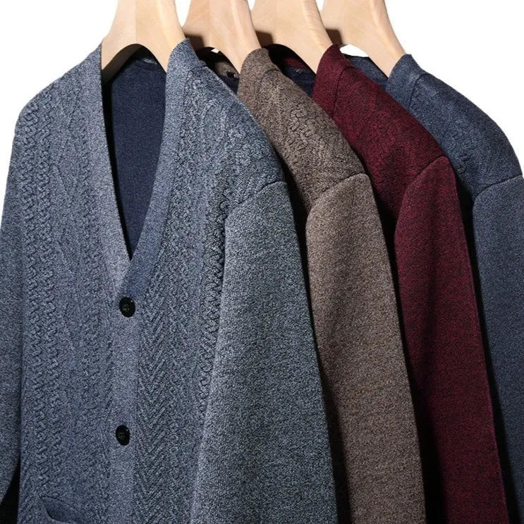 Men's striped cardigan sweater with long sleeves and wool lining in multiple colour options