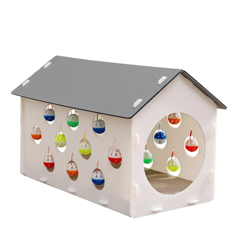 Integrated cat scratch board and nest toy with tunnel design and bell ball