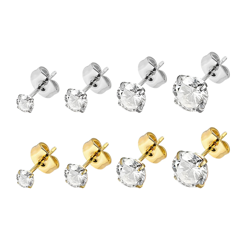A pair of stainless steel geometric square zircon stud earrings on a plain background.