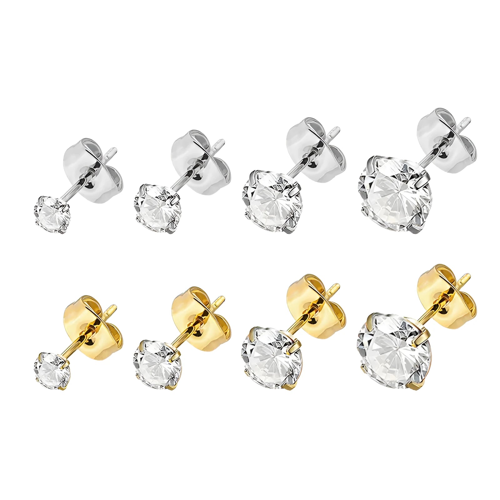 A pair of stainless steel geometric square zircon stud earrings on a plain background.