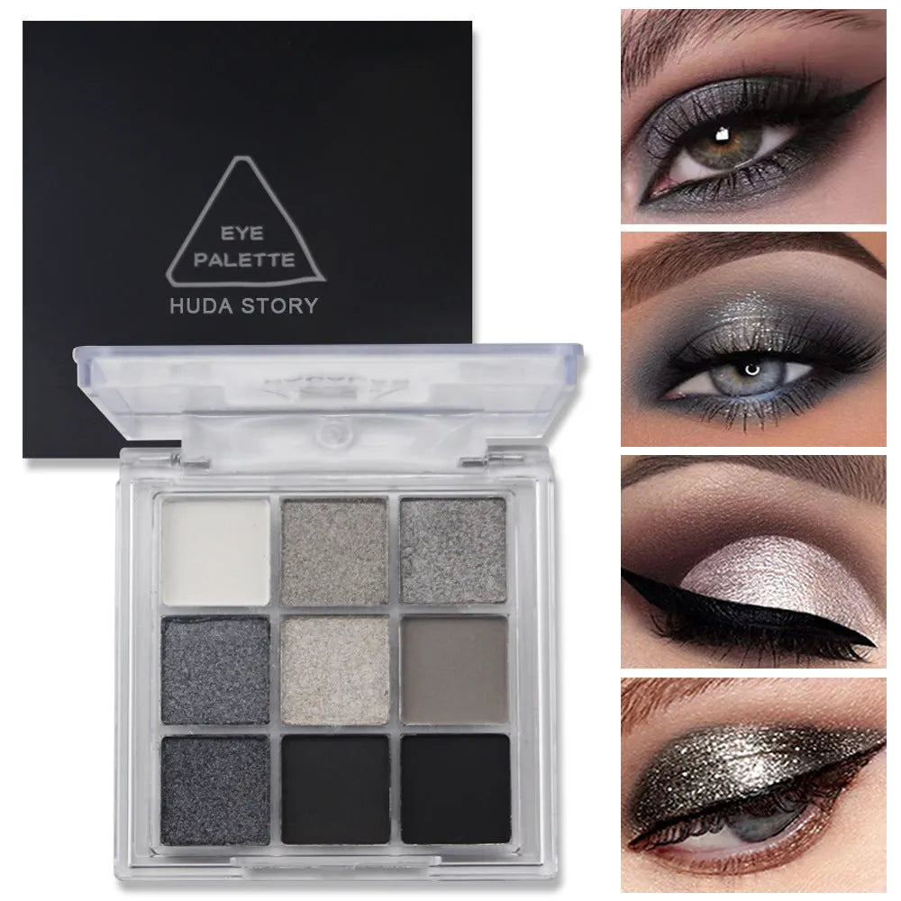 Smoked nine-colour eye shadow palette showing white, silver, black and grey shades