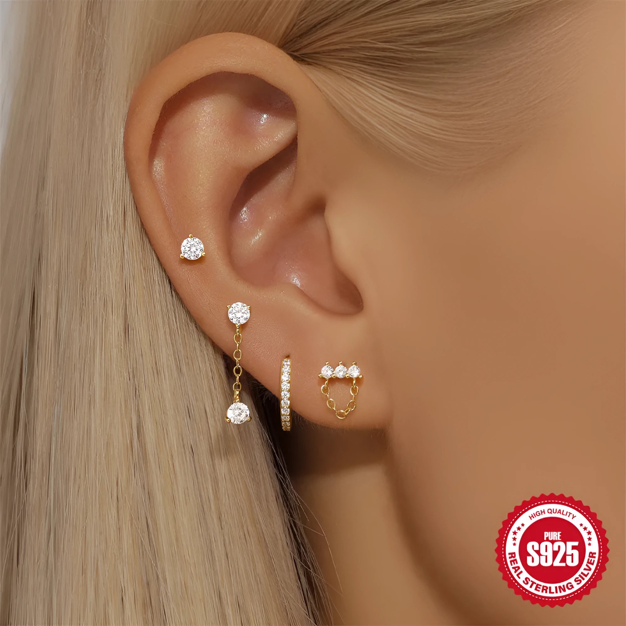 S925 sterling silver clover petal earrings with electroplated gold finish geometric design