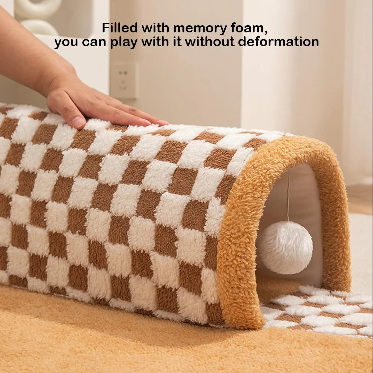 Fan-shaped plush pet bed with integrated tunnel for dogs and cats