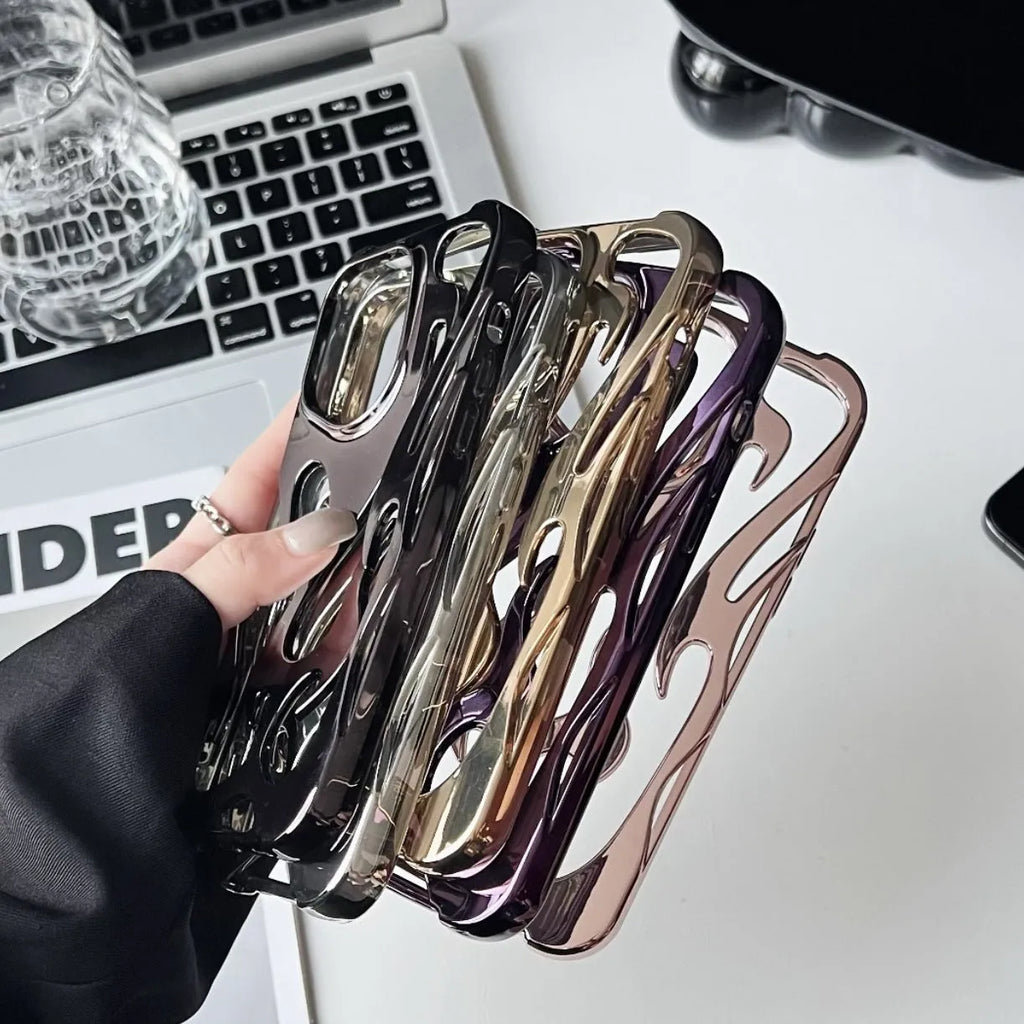 Electroplated hollow flame pattern design on a soft TPU iPhone case, shown in a silver finish.