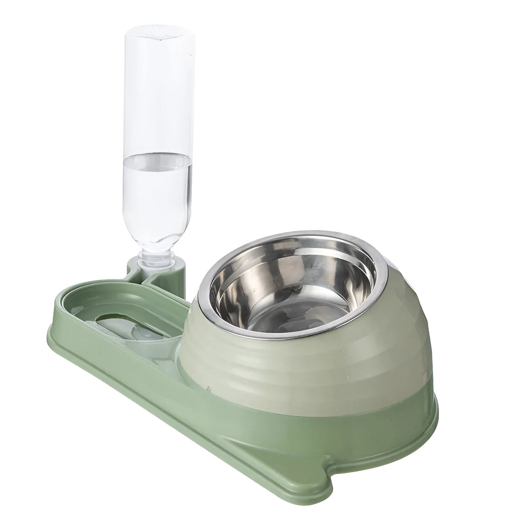 Elevated brown plastic cat food bowl with attached water bottle dispenser