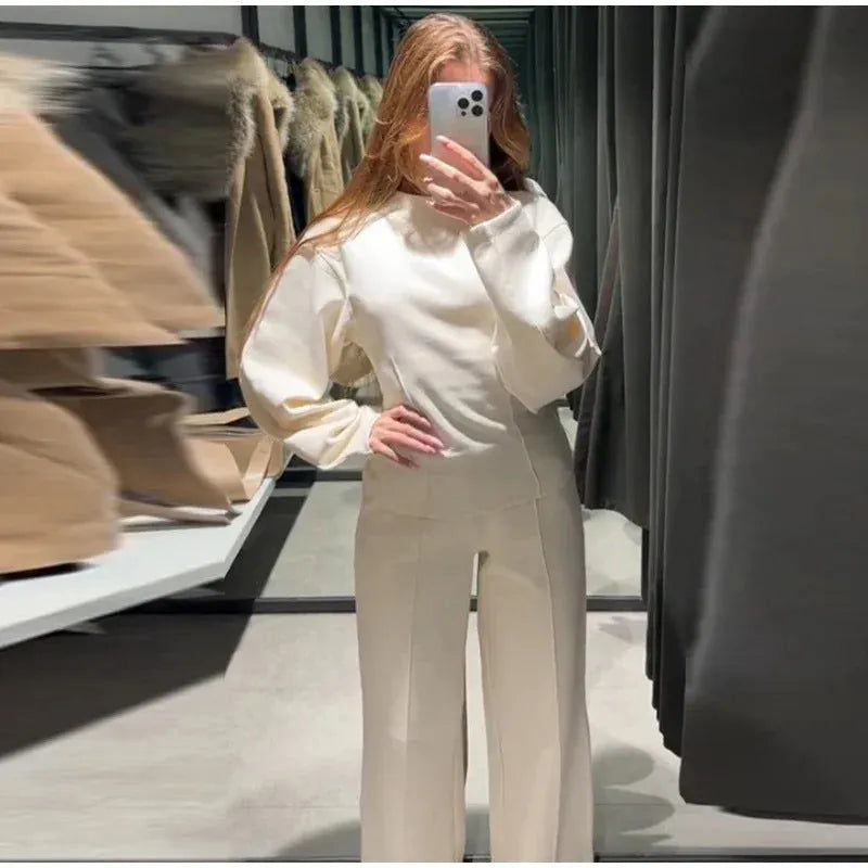 Women's polar fleece suit set with O-neck top and wide leg trousers in multiple colour options