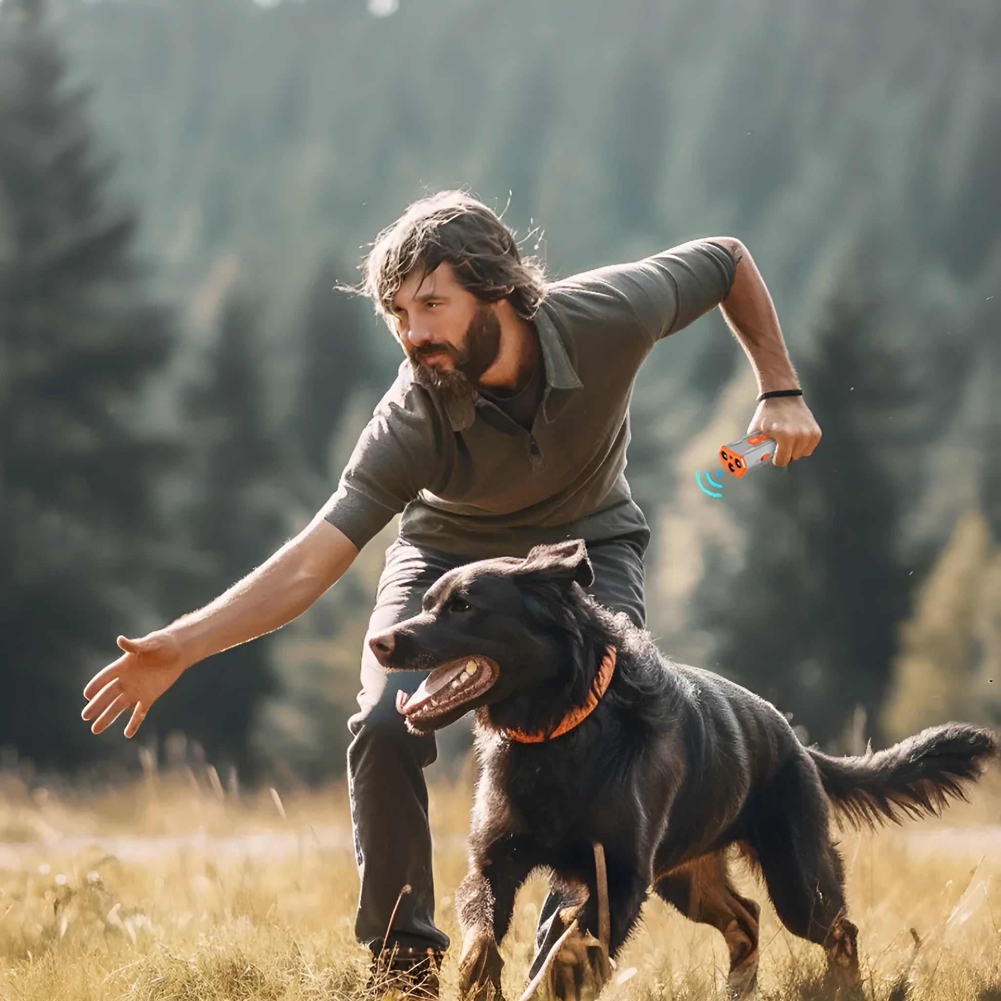 Grey and orange ultrasonic dog trainer device with three adjustable heads for bark control.