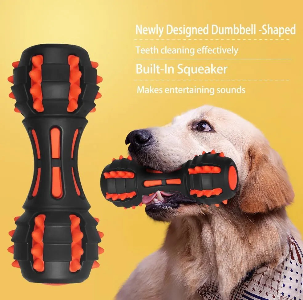Red dumbbell-shaped durable rubber dog chew toy for medium and large breeds on a white background.