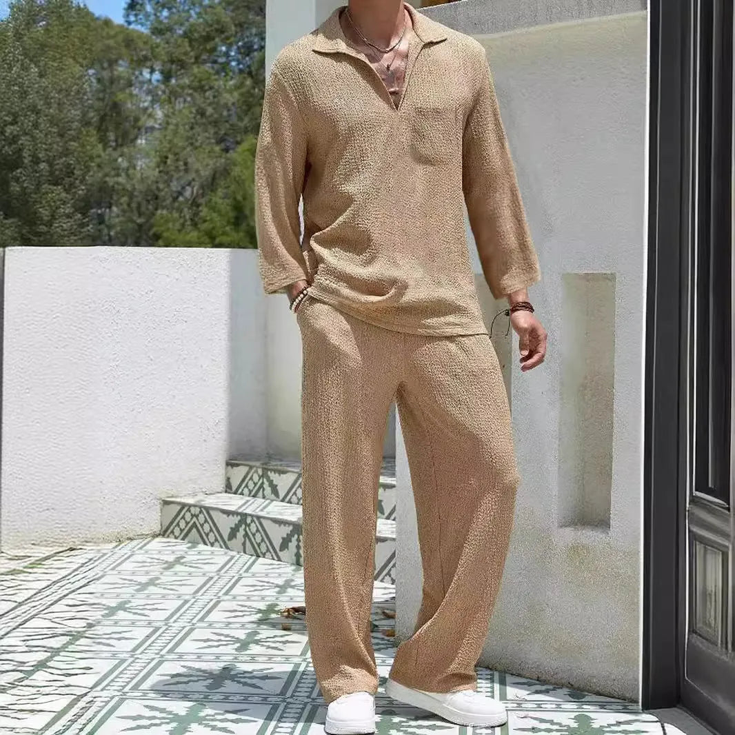 Men's casual polyester commuter suit with shirt-style jacket and trousers in four colour options